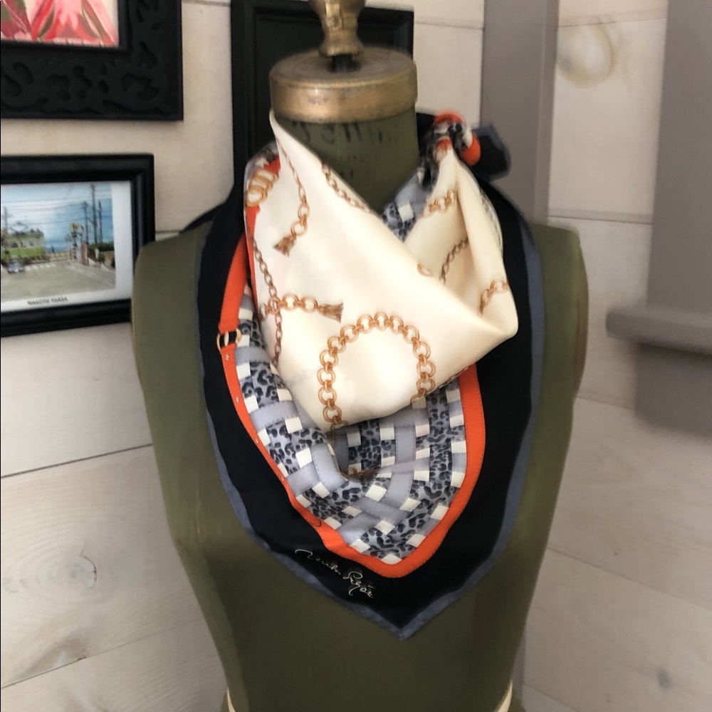 Chain-Print Silk-Feel Square Scarf in Cream, Black & Orange